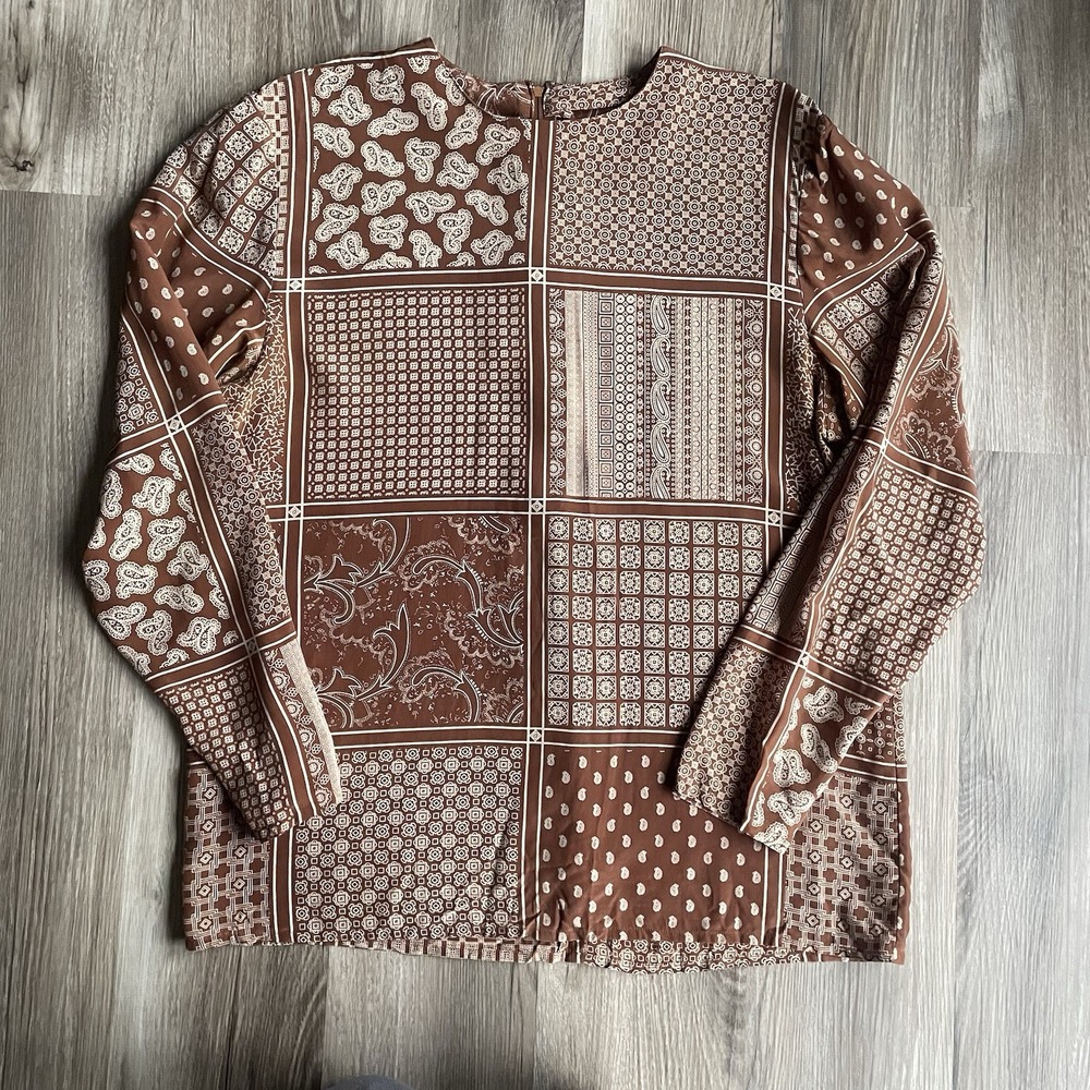 Vintage Caio Sport Womens Brown Paisley Mixed Media Western 100% Silk Blouse 12